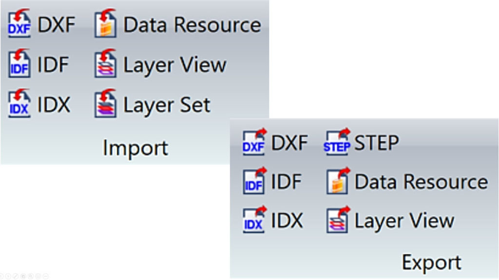 eCADSTAR permet l'importation ou l'exportation de fichiers DXF, IDF, IDX
