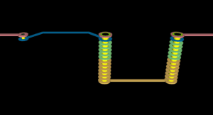 Conditional via in rule area (3D view) on the left connects between layers 1 and 2