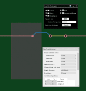 Inside the rectangular rule area, transitions from layer 1 to layer 2 are specified to use a smaller via