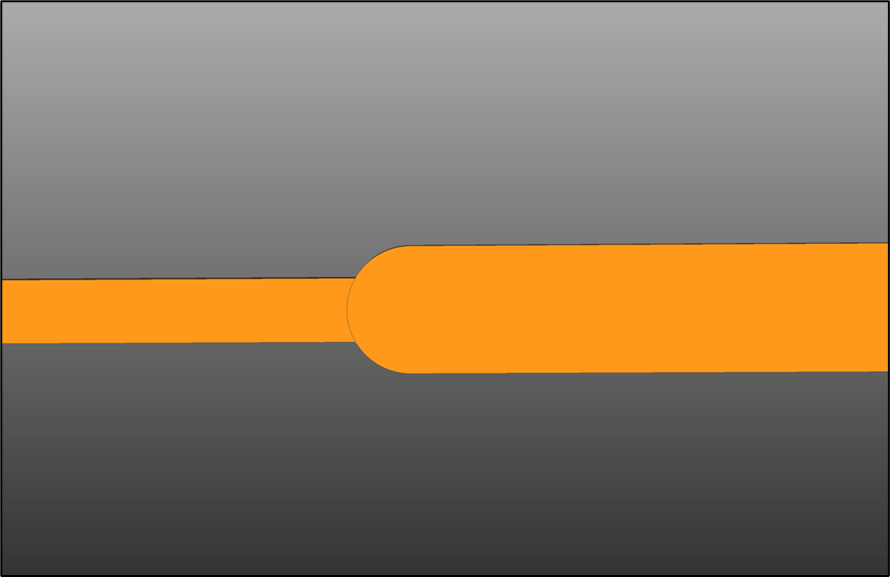 Track to track connection with rounded end but no PCB teardrop before PCB fabrication